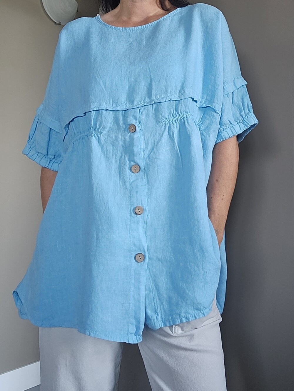 Light Blue Linen Button-Front Tunic Top